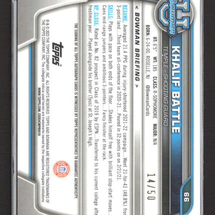 2021 Bowman University Chrome Khalif Battle #66 Gold Refractor 1st Auto /50