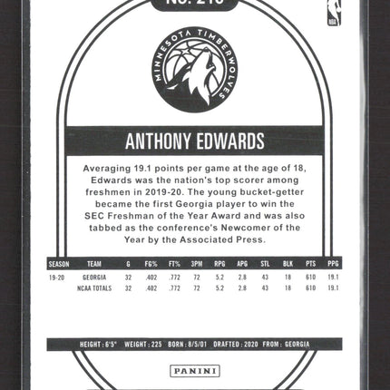 2020 Panini NBA Hoops Anthony Edwards #216 RC
