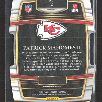 2022 Panini Select Prizm Concourse Patrick Mahomes II #2 Yellow Black Die Cut