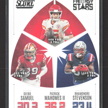 2022 Panini Score Fantasy Stars Patrick Mahomes II Deebo Samuel Stevenson #FS10