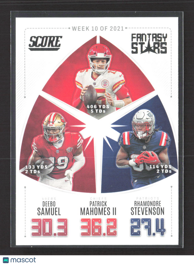2022 Panini Score Fantasy Stars Patrick Mahomes II Deebo Samuel Stevenson #FS10
