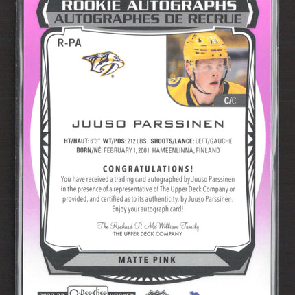 2023 O-Pee-Chee Platinum Juuso Parssinen #R-PA Matte Pink Auto