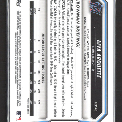 2025 Bowman Chrome Aiva Arquette #BCP-40 Reptilian 1st Bowman