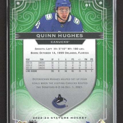 2022 Upper Deck Stature Quinn Hughes #81 Green 02/99