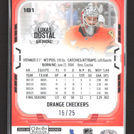 2026 O-Pee-Chee Platinum Lukas Dostal #181 Orange Checkers 15/25