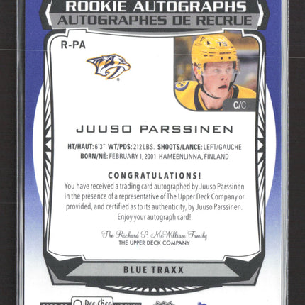 2023 O-Pee-Chee Platinum Juuso Parssinen #R-PA Blue Traxx Auto