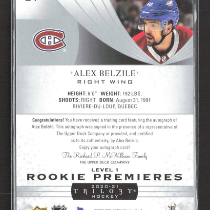 2020 Upper Deck Trilogy Rookie Premieres Alex Belzile #61 Level 324/399 Auto