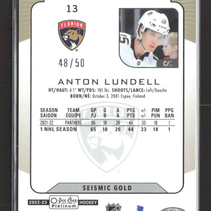 2023 O-Pee-Chee Platinum Anton Lundell #13 Seismic Gold 48/50