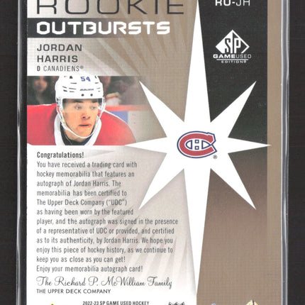 2023 Upper Deck SP Game Used Rookie Outbursts Jordan Harris #RO-JH Jersey Auto