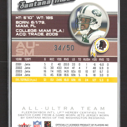 2005 Fleer Ultra All-Ultra Team Santana Moss #AU-SM Game-Worn Jersey 34/50