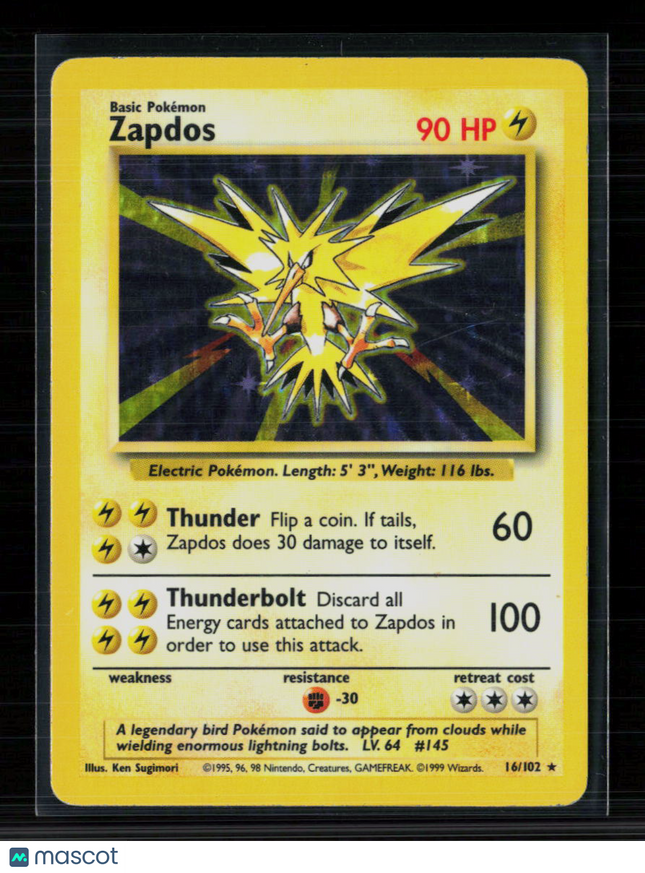 Pokemon 1999 Base Set Zapdos #16/102