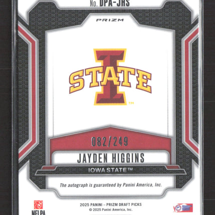 2025 Panini Prizm Draft Picks Jayden Higgins #DPA-JHS Purple 082/249 RC Auto
