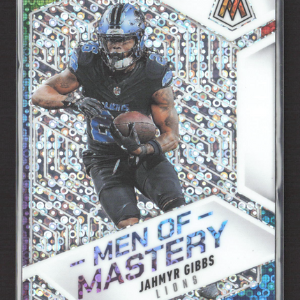 2025 Panini Mosaic Mosaic Men of Mastery Jahmyr Gibbs #12 Disco Prizm