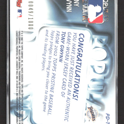 2002 Topps Pristine Popular Demand Tony Gwynn #PD-TG Game-Worn Jersey 0049/1000
