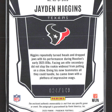 2025 Panini Phoenix Football Jayden Higgins #RPS-JHS Patch 024/149 Auto