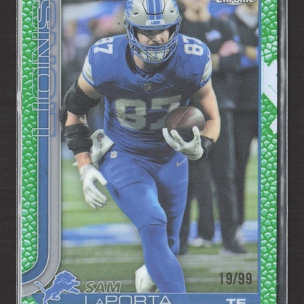 2025 Topps Chrome Sam LaPorta #100 Green Leather Refractor 19/99