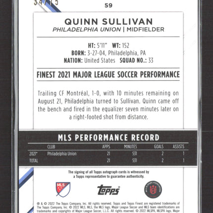 2022 Topps Finest Quinn Sullivan #59 Aqua RC 34/75 Auto