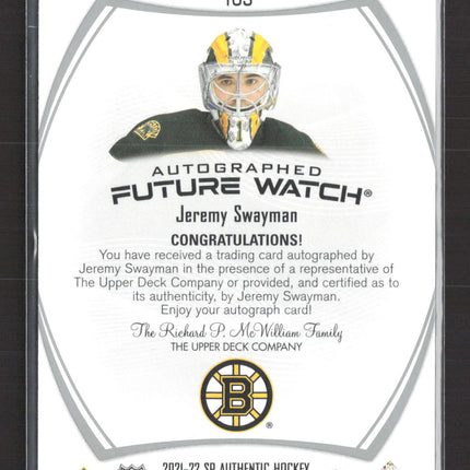 2022 Upper Deck SP Authentic Future Watch Jeremy Swayman #103 126/999 Auto