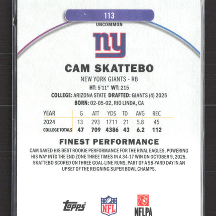 2025 Topps Finest Cam Skattebo #113 Blue RC 105/250