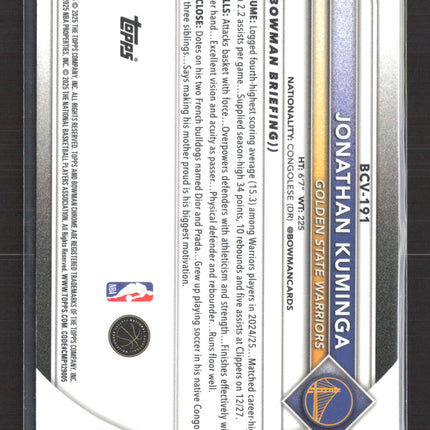 2025 Topps Bowman Chrome University Jonathan Kuminga #BCV-191 Purple /299