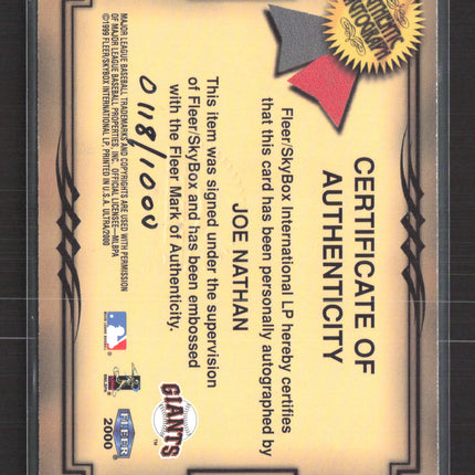 1999 Fleer Ultra Fresh Ink Joe Nathan 0118/1000 Auto