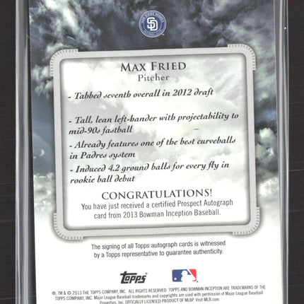 2013 Bowman Inception Max Fried #PA-MF 65/75 Prospect Autograph Auto