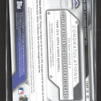 2016 Topps Strata Jon Gray #CAAR-JG Clearly Relic Card RC Auto