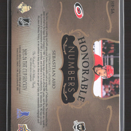 2023 Upper Deck The Cup Honorable Numbers Sebastian Aho #HR-SA Patch Auto /38