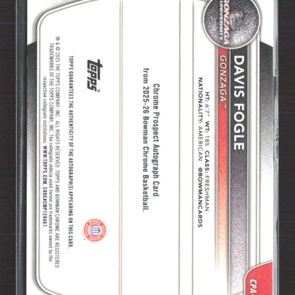 2025 Bowman Chrome University Davis Fogle #CPA-DF Purple Refractor /250 1st Auto
