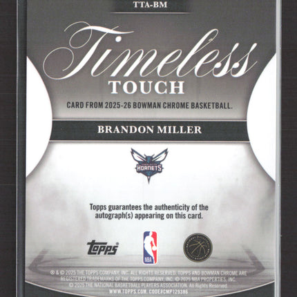 2025 Bowman Chrome Timeless Touch Brandon Miller #TTA-BM Auto