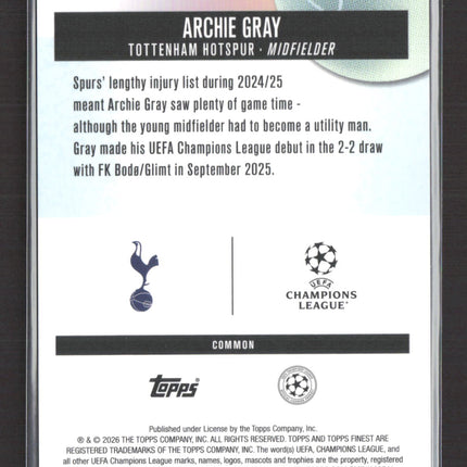 2026 Topps Finest UEFA Champions League Archie Gray #141 Blue Refractor 090/200