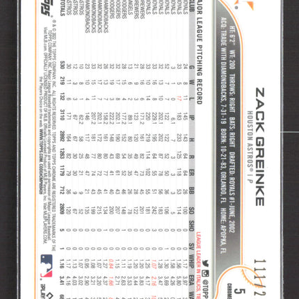 2022 Topps Chrome Sonic Zack Greinke #5 Purple Sonar /299