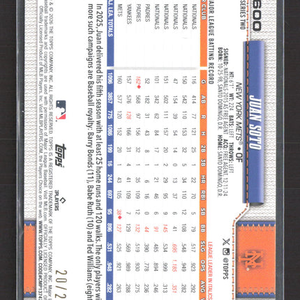 2026 Topps Series Two Juan Soto #600 Orange Crackle /25