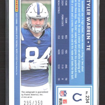 2025 Panini Donruss Optic Football Tyler Warren #234 295/350 Auto