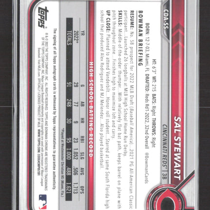 2022 Bowman Chrome Sal Stewart #CDA-SS Blue Refractor 059/150 1st Bowman Auto