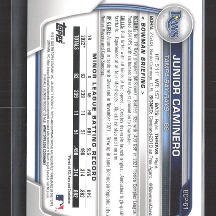2023 Bowman Chrome Junior Caminero #BCP-61 Purple Mojo Refractor /250 1st Bowman