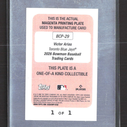 2026 Bowman Baseball Victor Arias #BCP-29 Magenta Printing Plate 1/1