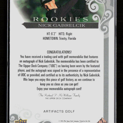 2026 Upper Deck Artifacts Golf Nick Gabrelcik #AR-NG Dual Patch Auto 146/149