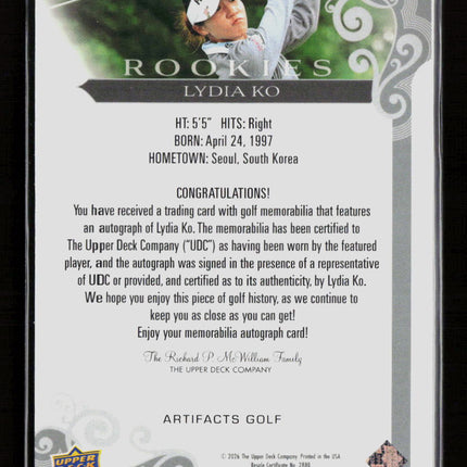 2026 Upper Deck Artifacts Golf Lydia Ko #AR-LK Dual Patch Auto RC /85