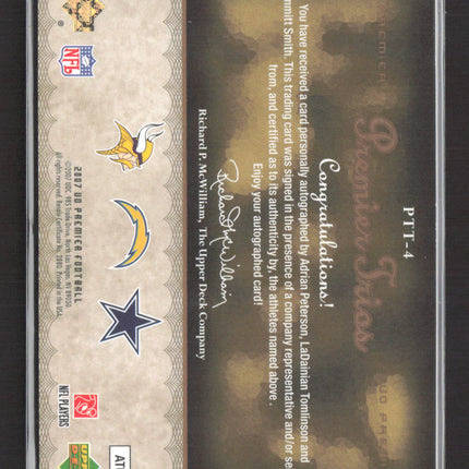 2007 UD Premier Trios Adrian Peterson LaDainian Tomlinson Emmitt Smith /20 Auto