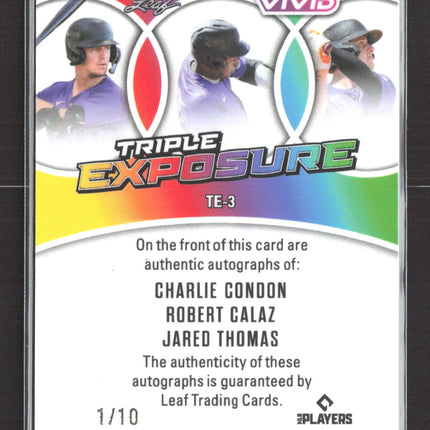 2025 Leaf Vivid Triple Robert Calaz Charlie Condon Jared Thomas #TE-3 /10 Auto