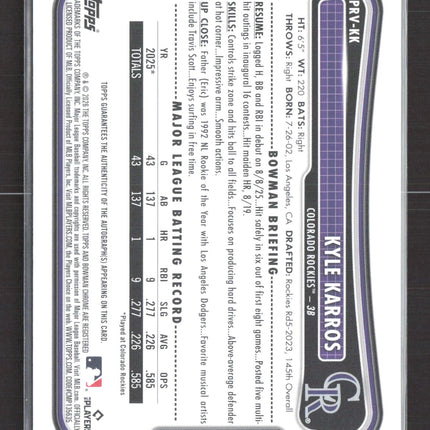 2026 Topps Bowman Kyle Karros #PRV-KK Green 53/99 RC Auto