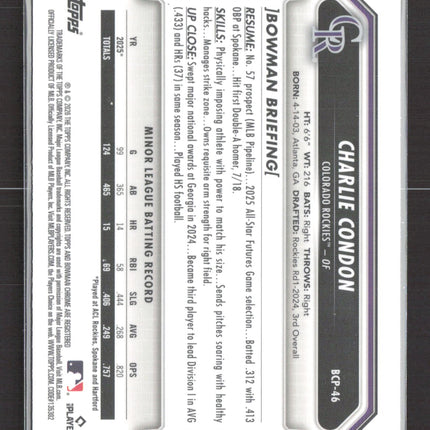 2026 Bowman Chrome Charlie Condon #BCP-46 Purple Refractor /250