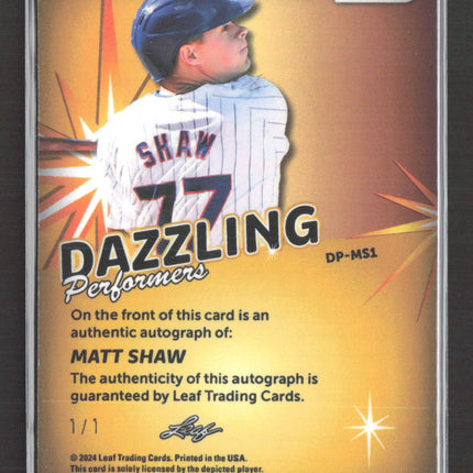 2024 Leaf Vivid Dazzling Performers Matt Shaw #DP-MS1 Green 1/1 Auto