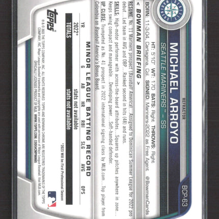 2023 Bowman Chrome Michael Arroyo #BCP-63 Lunar Glow Refractor 1st Bowman