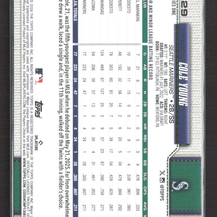 2026 Topps Series One Cole Young #129 Pink Green Dots RC