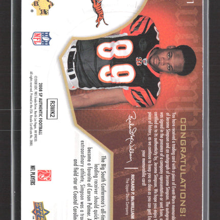 2008 UD SP Authentic Jerome Simpson #271 Auto Patch NFL Shield Patch Auto 1/1