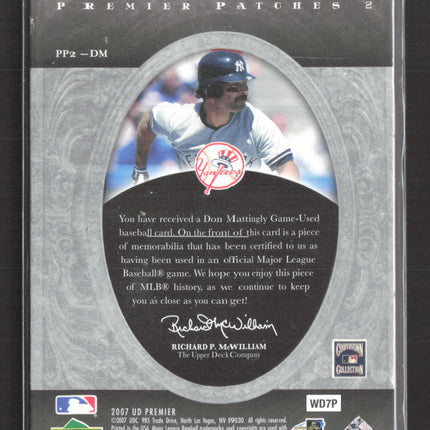 2007 Upper Deck UD Premier Premier Patches 2 Don Mattingly #PP2-DM Patch 10/75