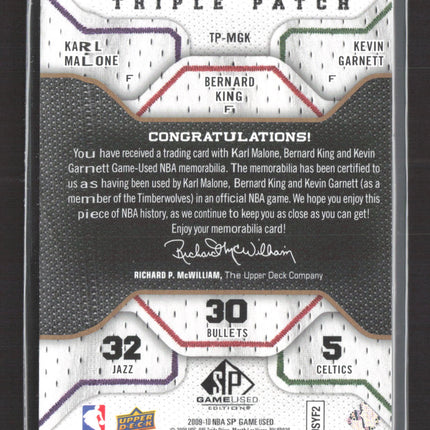 2009 SP Game Used Triple Patch Kevin Garnett Karl Malone Bernard King /60 Patch