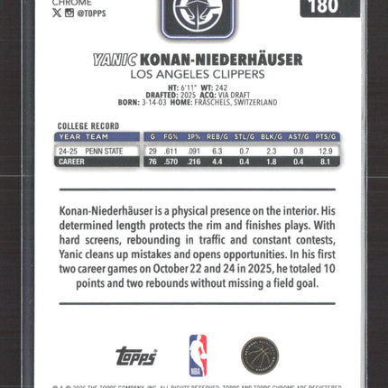 2026 Topps Chrome Yanic Konan-Niederhauser #180 Aqua RayWave RC 138/199